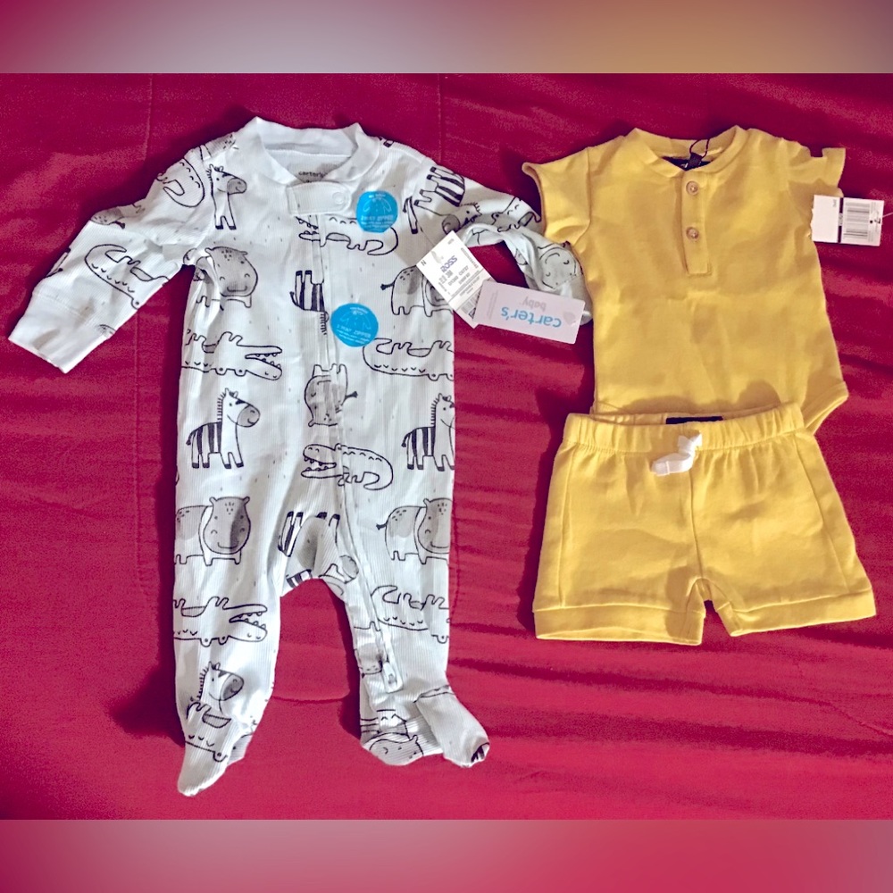 Onesie by Carters size 3 months & shirt & shorts combo size 0-3months New NWT